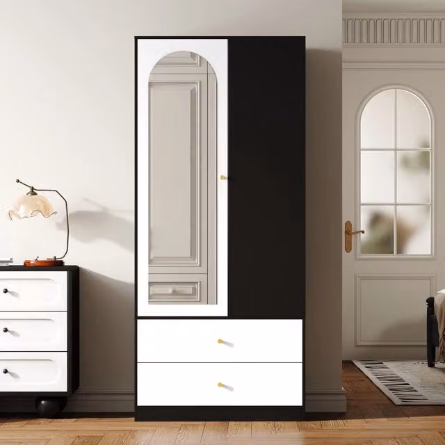 Armadio REDOM con specchio e cassetti integrati, design moderno, Bianco e Nero, L: 80 cm, P: 40 cm, H: 180 cm