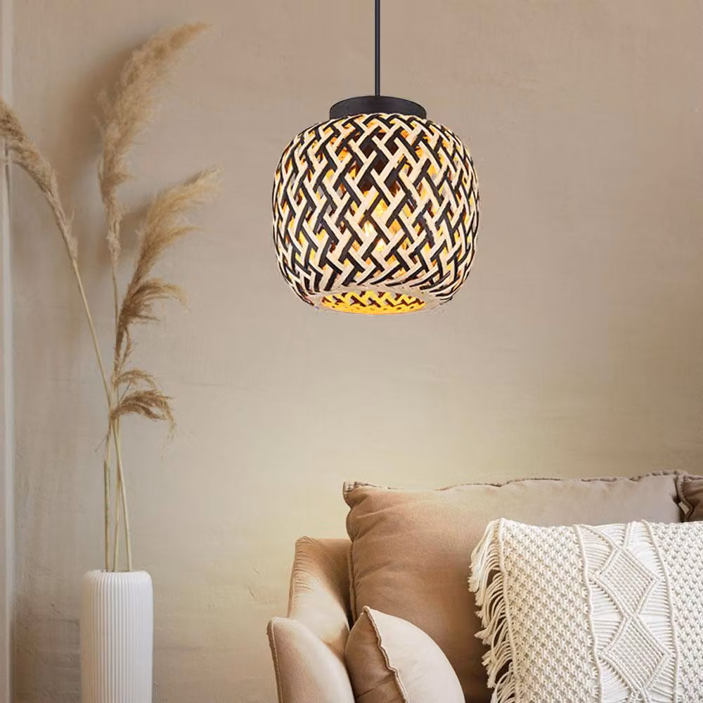 Lampada a sospensione, metallo, finitura nera opaca, bambù, diametro 20 cm