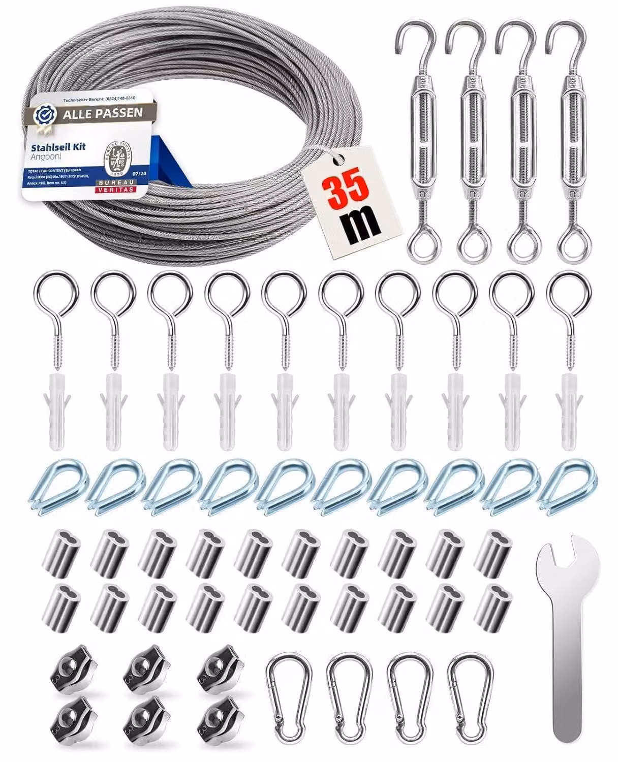 Kit di cavi in acciaio da 35 metri, composto da un cavo in acciaio inossidabile da 2 mm e 65 accessori, adatto a diverse applicazioni