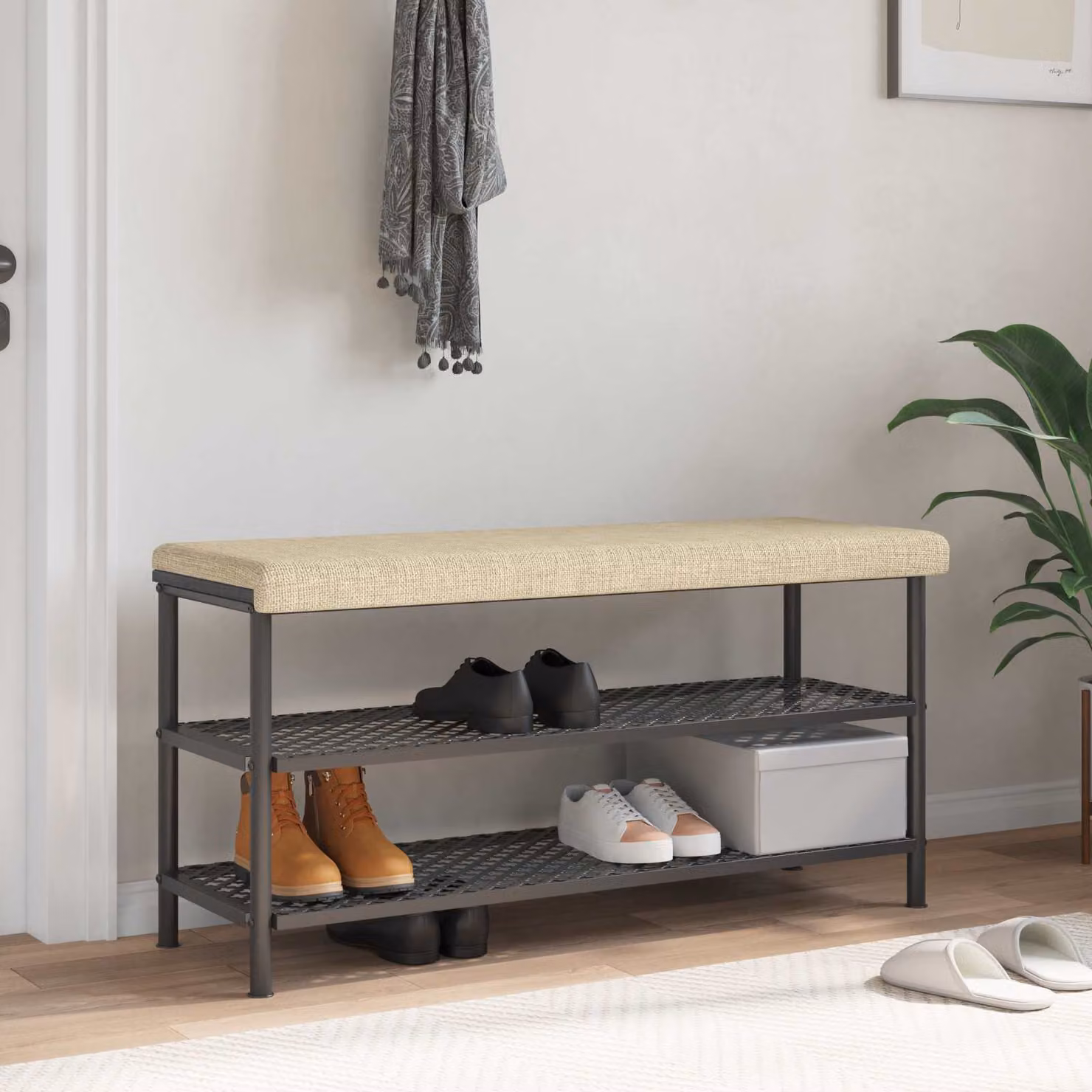 Cuscino per panchina vidaXL in tessuto beige con antiscivolo e imbottitura in schiuma, L 110 cm, P 35 cm, H 3,5 cm
