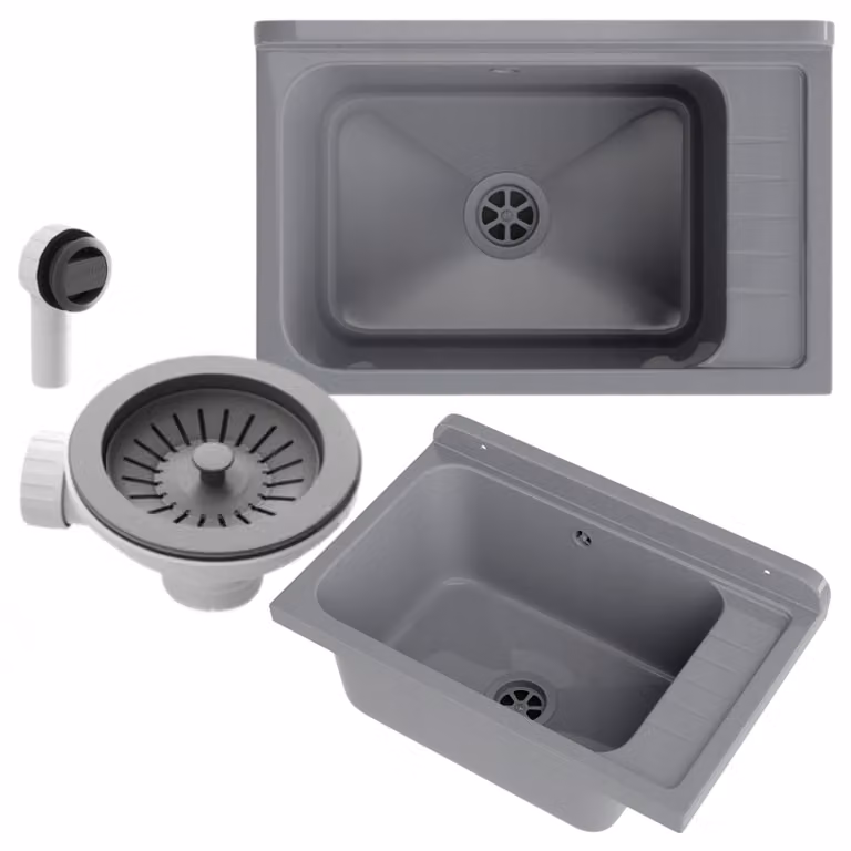 Granitan - Lavatoio - Lavandino 58x38 cm - Lavello grigio - con sifone - MONZA