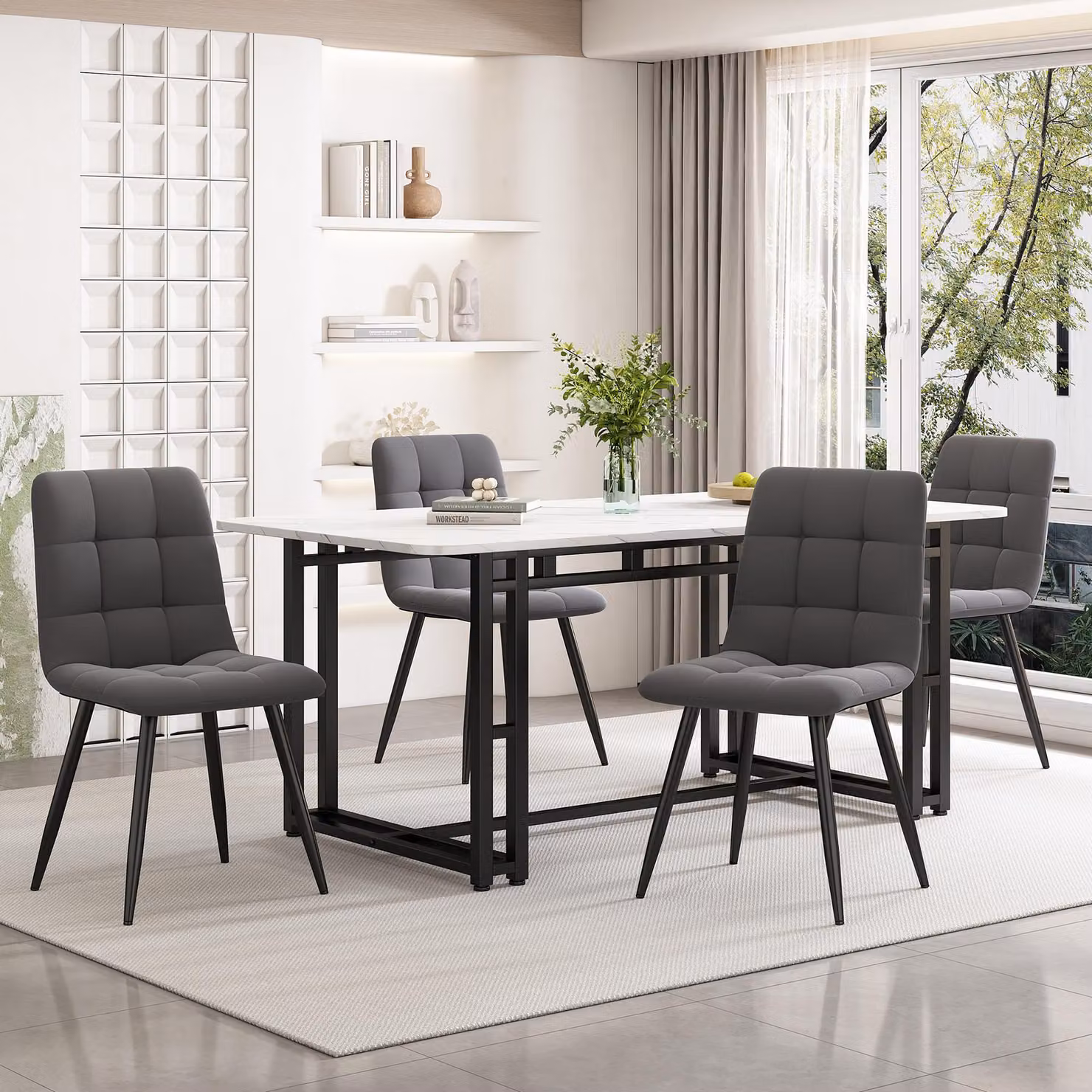 Sweiko 140x80cm Tavolo da pranzo nero con 4 sedie, set tavolo da pranzo cucina moderna, sedie da pranzo in velluto grigio scuro, tavolo con gambe in ferro nero