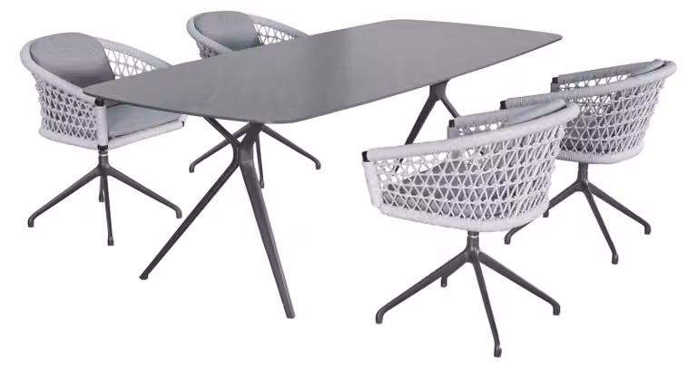 LC Garden «Bari» Set da giardino V 5 pezzi antracite/grigio chiaro Tavolo da pranzo 180x90 cm alluminio/pietra sinterizzata + 4 sedie da giardino girevoli Rope Set da giardino