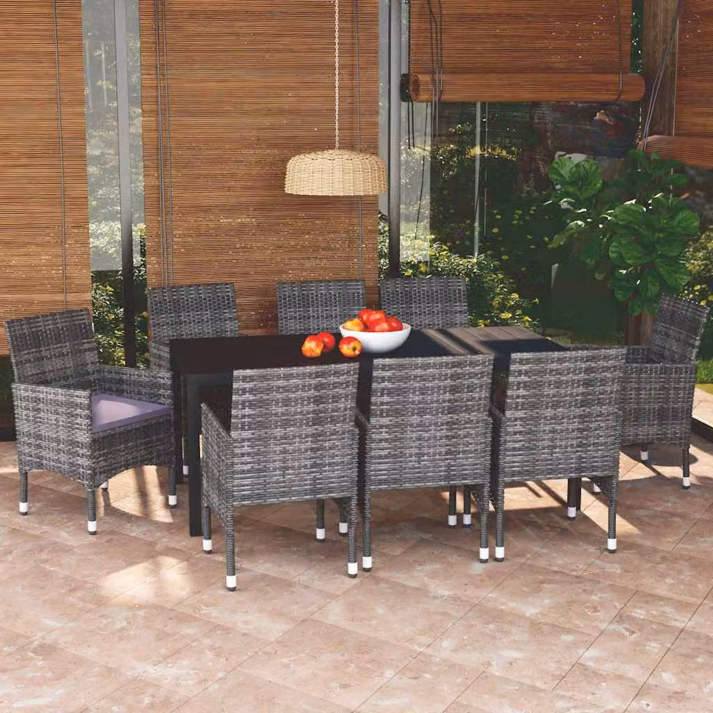 Set da pranzo da giardino vidaXL in polyrattan grigio e nero con 9 pezzi e cuscini