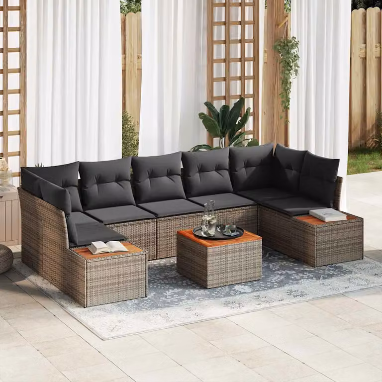 Set Divano da Giardino vidaXL 8 Pezzi in Rattan Grigio con Cuscini e Tavolino da Esterno
