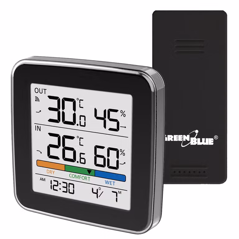 Stazione meteorologica GreenBlue Funk: temperatura e umidità (interno/esterno), orologio, sveglia e data. Misura in °C o °F. Portata fino a 60 metri. Colore: nero. Modello: GB169 B