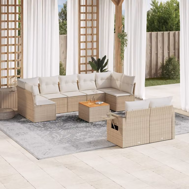vidaXL Set Divano da Giardino 10 pz in Polyrattan con Cuscini Beige e Tavolino per Esterno