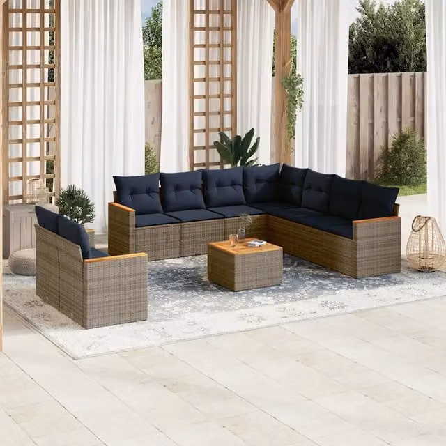 Set Divani da Giardino 10 pz con Cuscini Grigio in Polyrattan 3226110