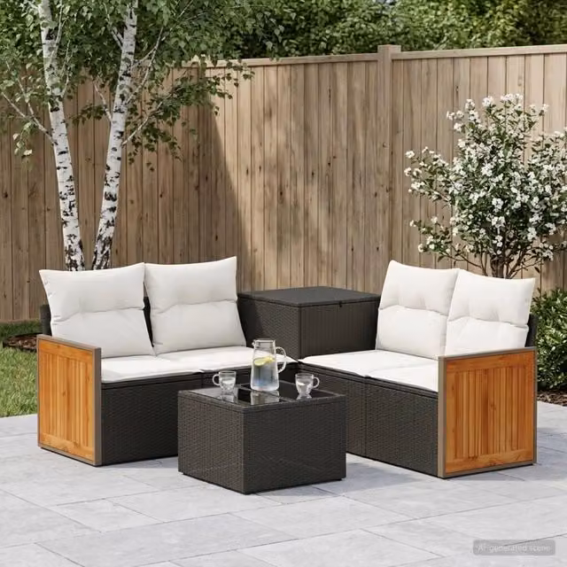 Set di mobili da giardino vidaXL composto da divano angolare a L, divano a 3 posti, elementi d'angolo e tavolino da caffè in polyrattan con struttura in metallo, colori nero e bianco