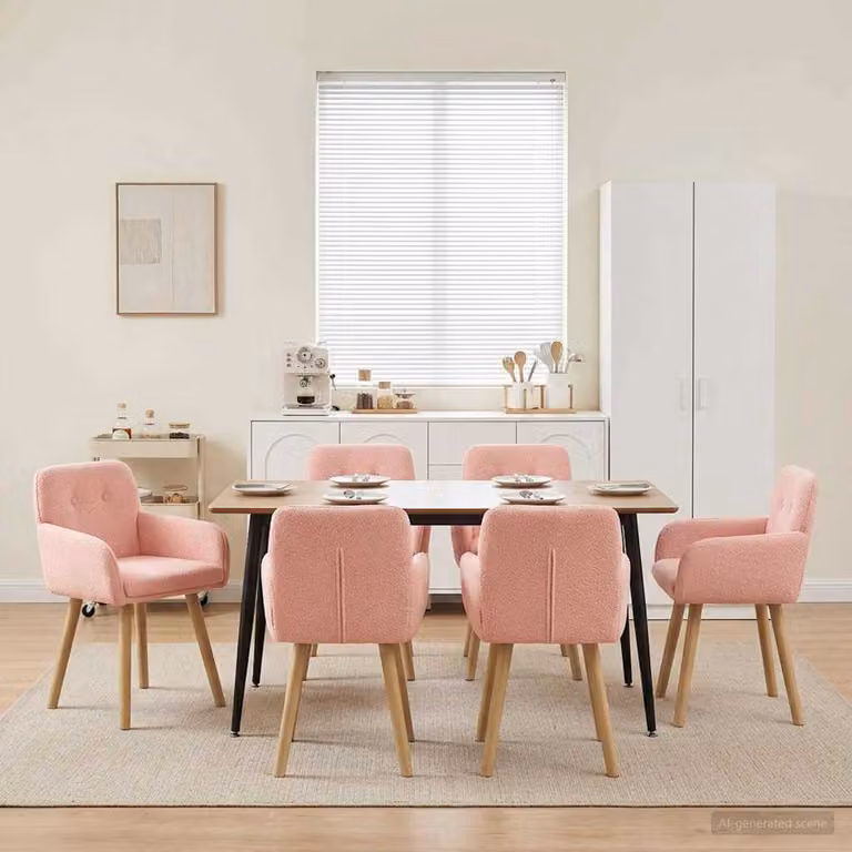 Set di 6 sedie da pranzo vidaXL in tessuto bouclé rosa con struttura in legno e metallo, L: 59 cm, P: 56,5 cm, H: 85 cm