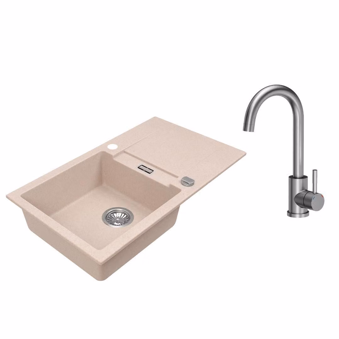 VBChome Lavello in granito 76 x 44 cm Beige con rubinetto Lavello da incasso a vasca singola Reversibile Speckled Lavello di facile manutenzione con sifone