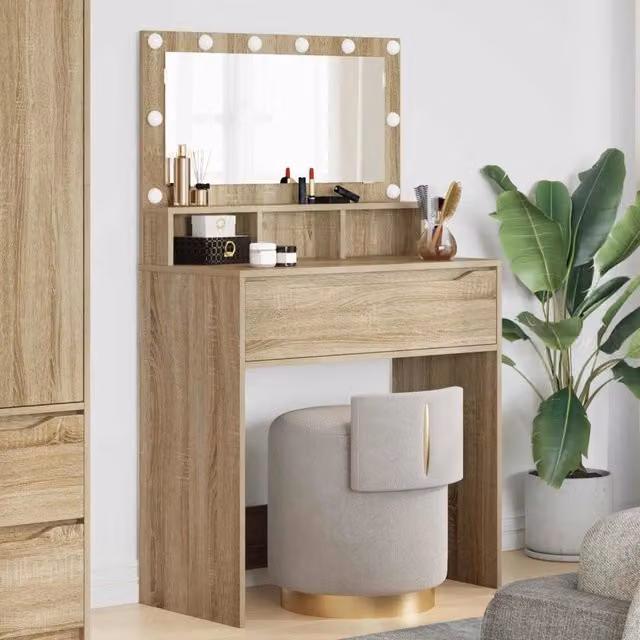Tavolo da trucco moderno vidaXL in legno color rovere con illuminazione LED per camera da letto, L: 135,0 cm, P: 39,5 cm, H: 80,0 cm