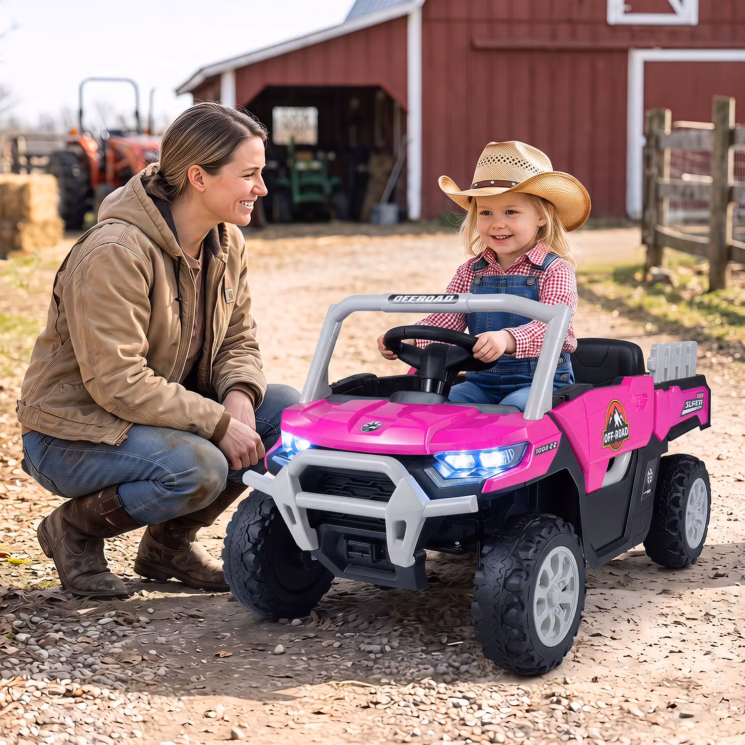 Costway 12 v macchina elettrica per bambini 3+ anni auto utv, Veicolo cavalcabile con cassone 2 motori telecomando cintura di sicureza Fucsia