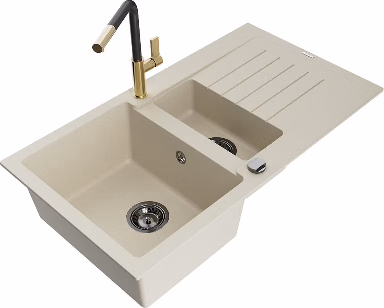 Mexen Matias lavello in granito 1,5 vasca con scolapiatti e rubinetto da cucina Flora, beige - 6502-69-670401-57-B