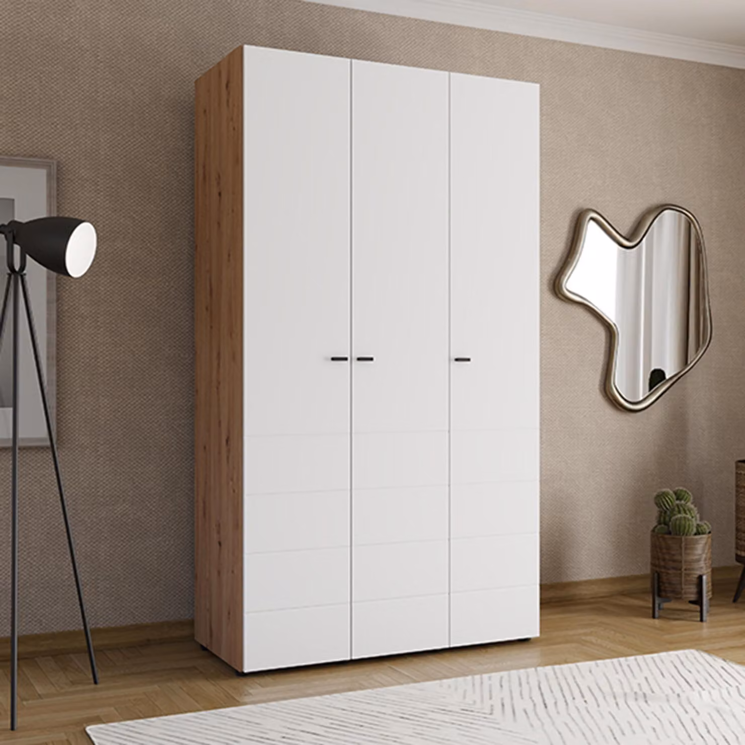 Ronco - Guardaroba 3 Ante, 117x52 cm Bianco Opaco, Appendiabiti