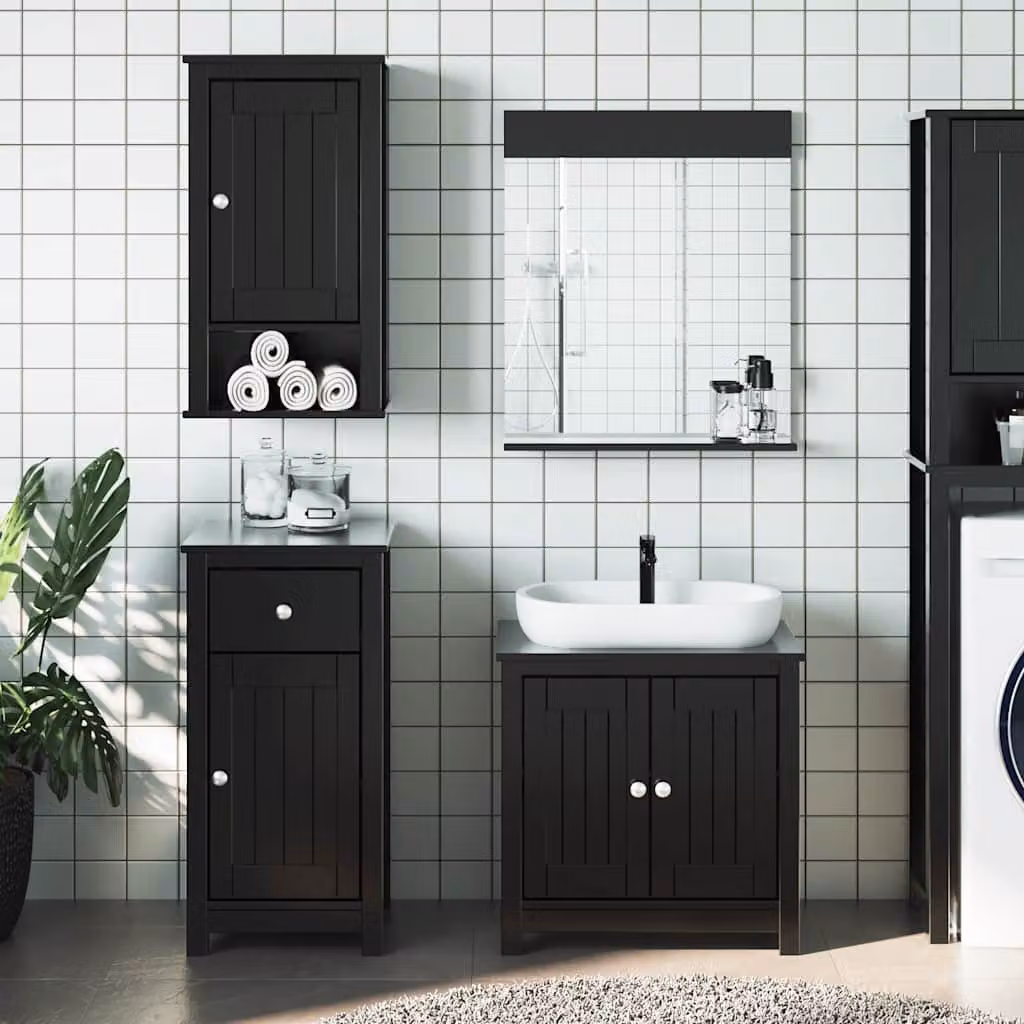 Set Mobili da Bagno vidaXL BERG 3 Pezzi in Legno di Pino Nero con Mobile Lavabo, Pensile e Specchio con Armadietto