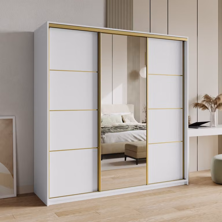 Armadio scorrevole Masseno VARO 200/205/60 cm Armadio con cassetti Armadio per camera da letto a 3 ante con specchio Bianco + Oro