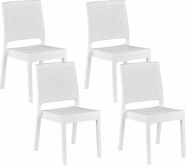 Set di 4 sedie da giardino Beliani bianche in materiale sintetico impilabili e resistenti ai raggi UV per esterno moderno