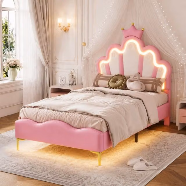 Letto singolo 90x200 cm con luci LED; testiera a corona; rosa