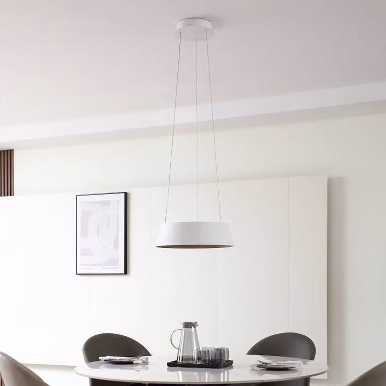 Lucande Lampada a sospensione Belsar, bianco, alluminio, CCT Belsar Lucande, dimmerabile, Bianco / Opale, Soggiorno / Sala da pranzo, Alluminio, Moderno