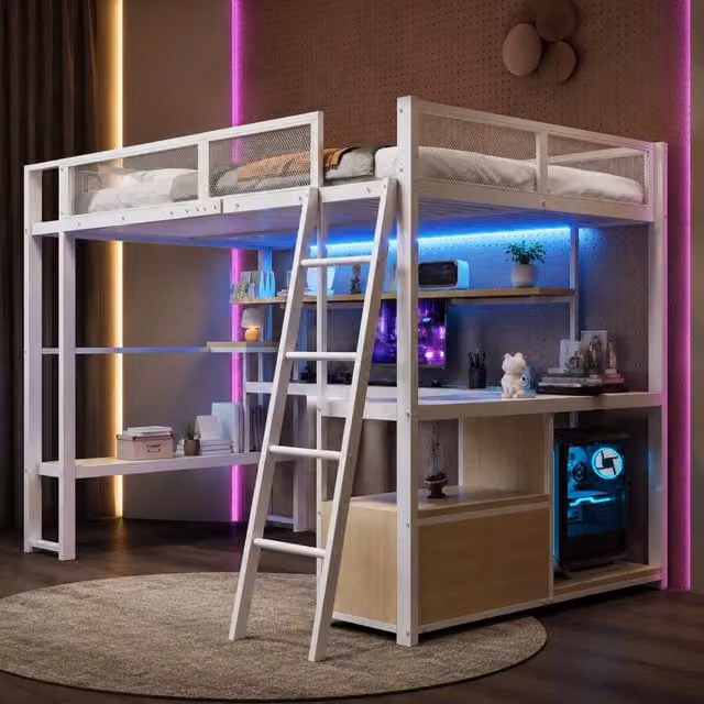 Desviae Letto a soppalco 140 × 200 cm con scrivania LED e stazione di ricarica in metallo e MDF bianco con ripiani