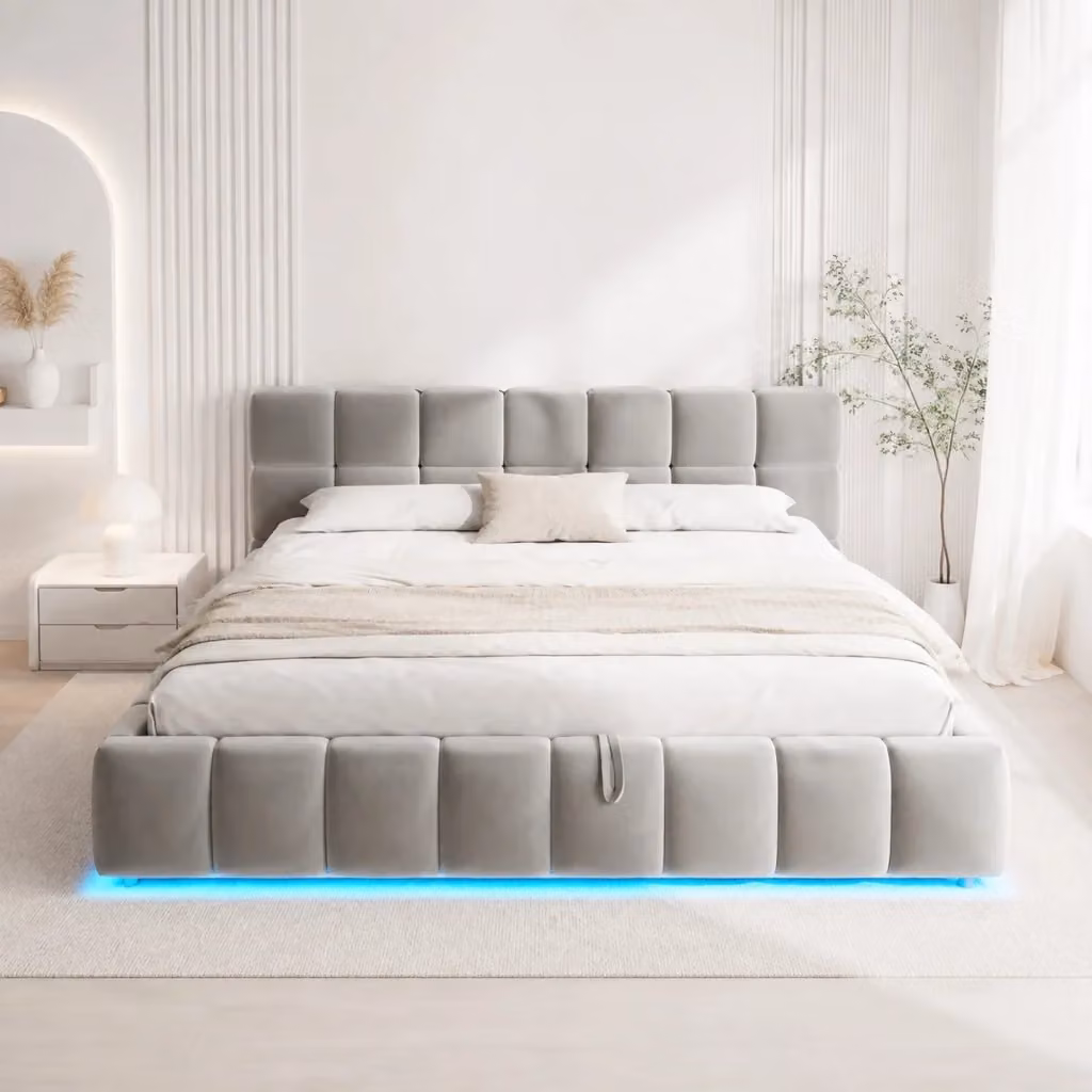 Letto contenitore Mivray in velluto grigio con illuminazione LED e sistema di sollevamento idraulico, L/P: 180 x 200 cm – 2