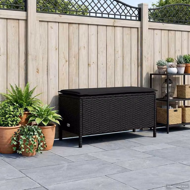 Poggiapiedi da giardino vidaXL in rattan nero con cuscino, L 80 x P 38 x H 45 cm