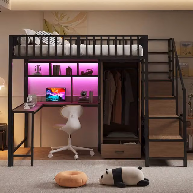 Letto a soppalco MIVRAY nero con scrivania, armadio, cassetti, scala contenitore, illuminazione LED e porte USB e Type-C, L/P: 140 x 200 cm