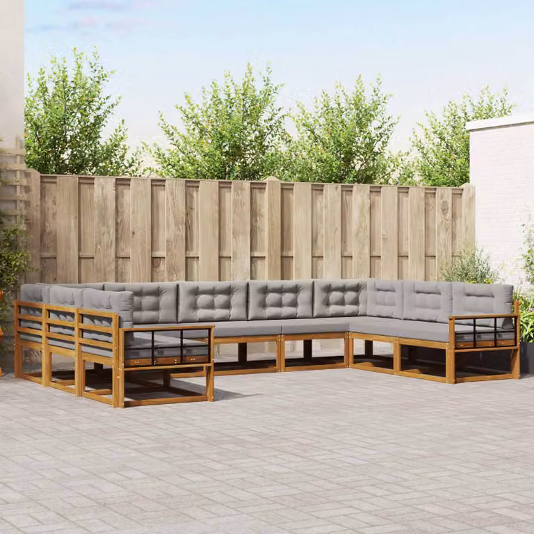 Set di divani da esterno vidaXL 9 pz a forma di L in legno di acacia con cuscini Grigio e Marrone
