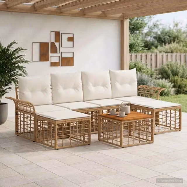 Set di divani da esterno vidaXL a L da 6 posti con 7 pezzi, colore beige e bianco, in stile rustico con struttura in metallo e cuscini inclusi – 1
