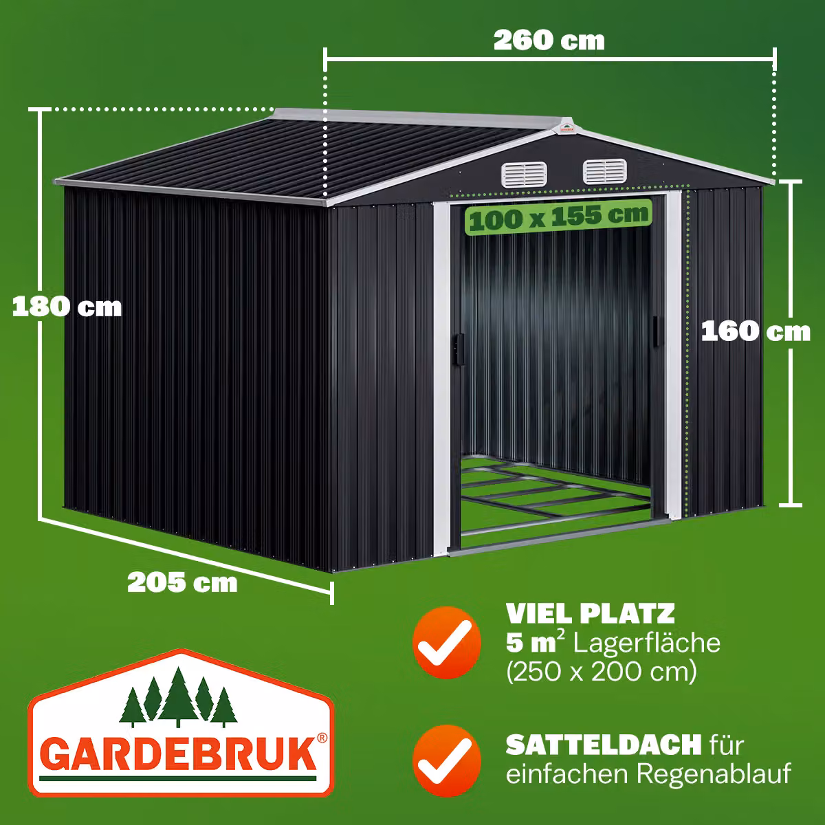 Casetta da giardino moderna Gardebruk in acciaio antracite con porta scorrevole e ventilazione del tetto L: 260 cm, P: 205 cm, H: 180 cm – 2