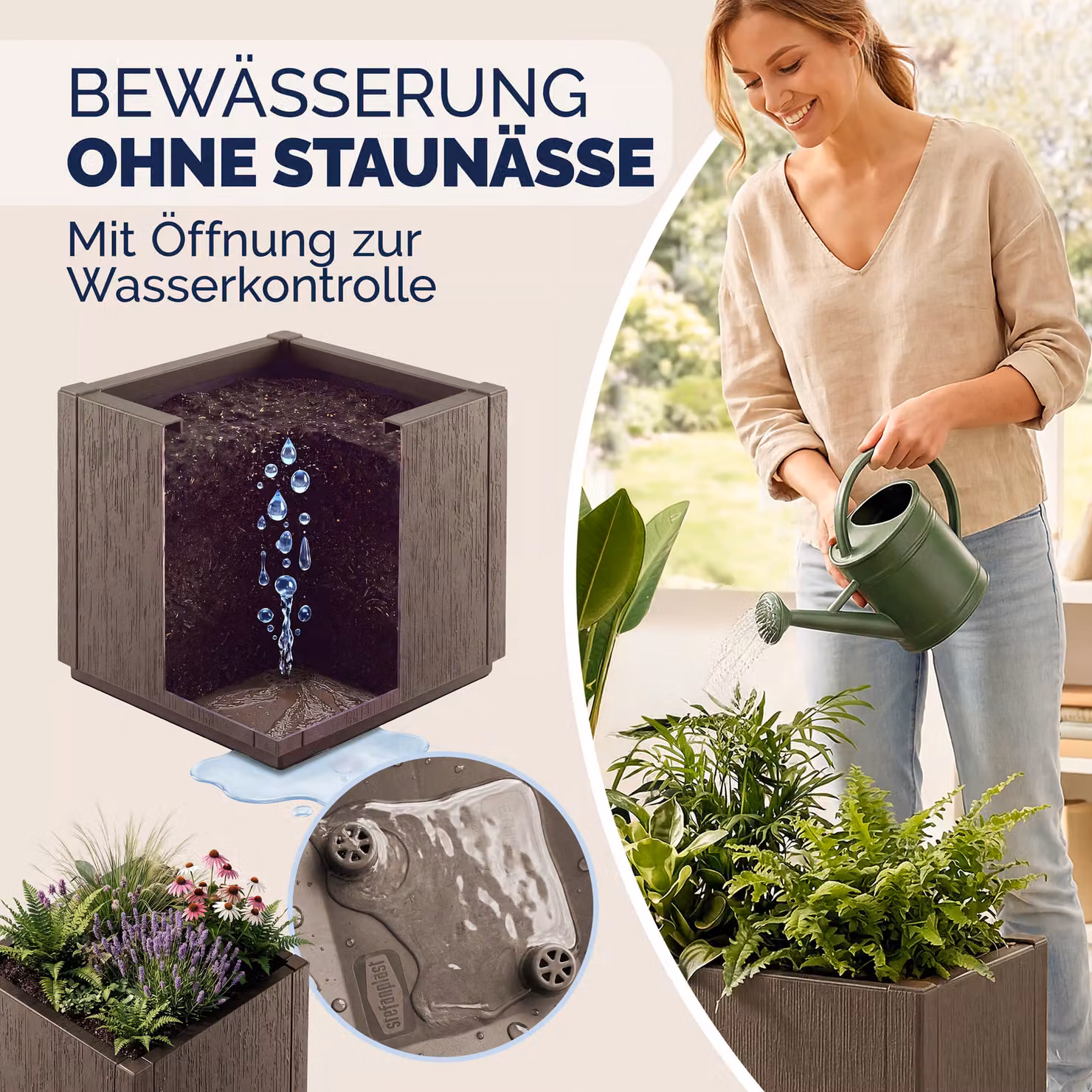 Vaso per fiori Ethica Casaria® in plastica, marrone e antracite, L: 36 cm, P: 36 cm, H: 35 cm – 3