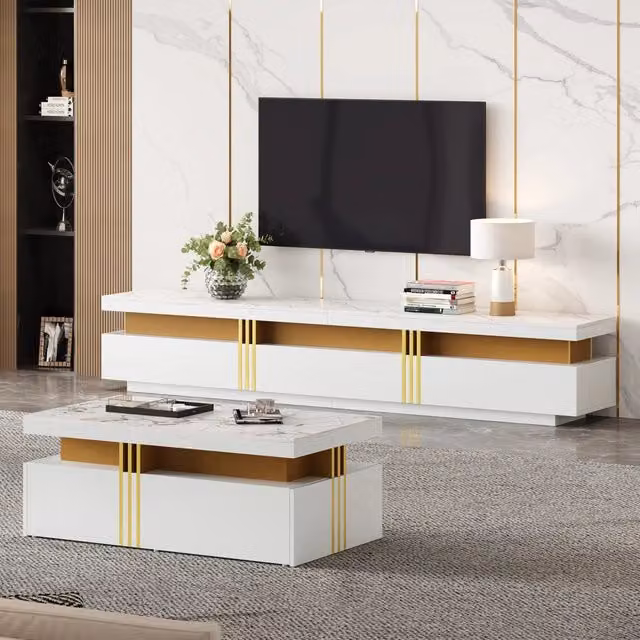 Set Mobile TV da Parete Bianco: Tavolino + Mobile TV, Soluzione Salvaspazio Multifunzione per Soggiorno
