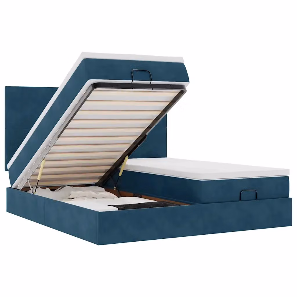 Letto con contenitore a sollevamento vidaXL in velluto blu e bianco, L/P/H: 203 x 160 x 128 cm – 2