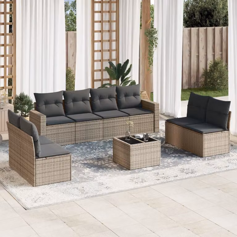 vidaXL Set Divano da Giardino 9 pz a forma di U in Polyrattan Grigio con Cuscini e Tavolino da Caffè