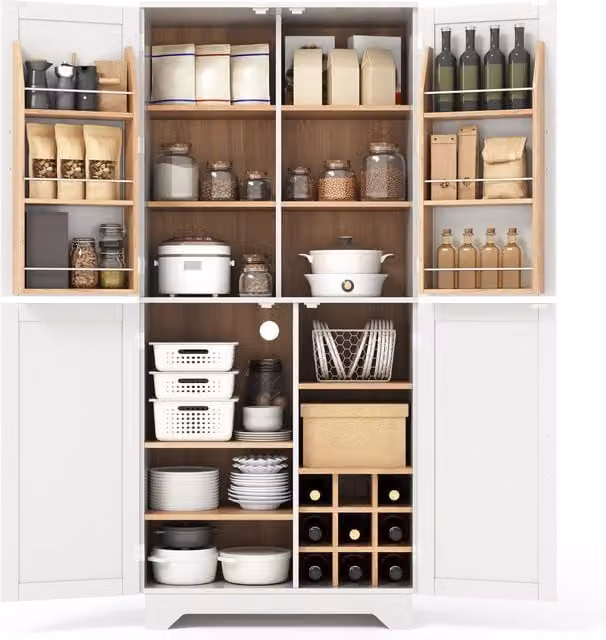 Armadio dispensa cucina con portabottiglie; 80 x 40 x 180 cm; 4 ante a fienile in MDF bianco e legno naturale