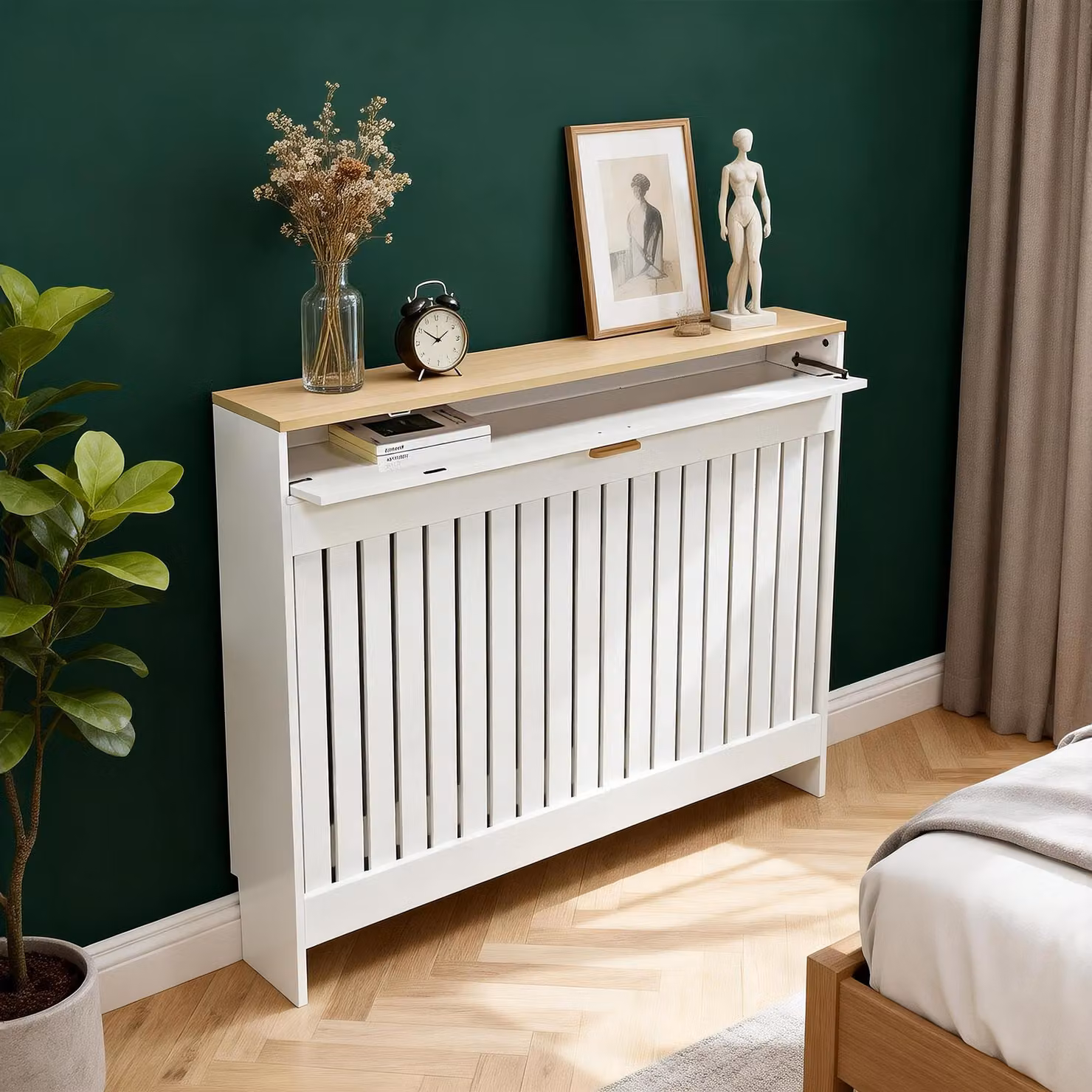 Copertura per termosifoni WISFOR, con cassetto, dimensioni 112,5 x 19 x 95,5 cm, colore bianco e aspetto legno