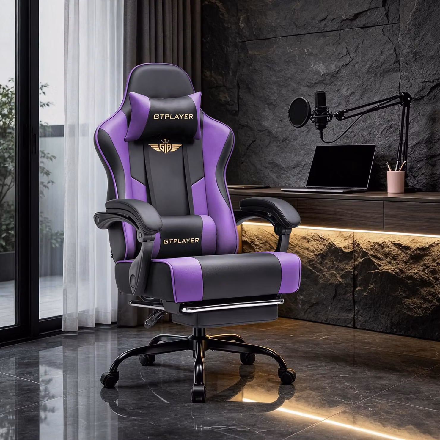 Sedia da gaming GTPLAYER - Sedia da gaming ergonomica con poggiapiedi, poggiatesta e supporto lombare, regolabile in altezza, colore viola