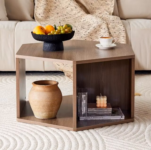 Tavolino da caffè moderno multifunzionale MODFU in MDF effetto venatura noce, colore marrone