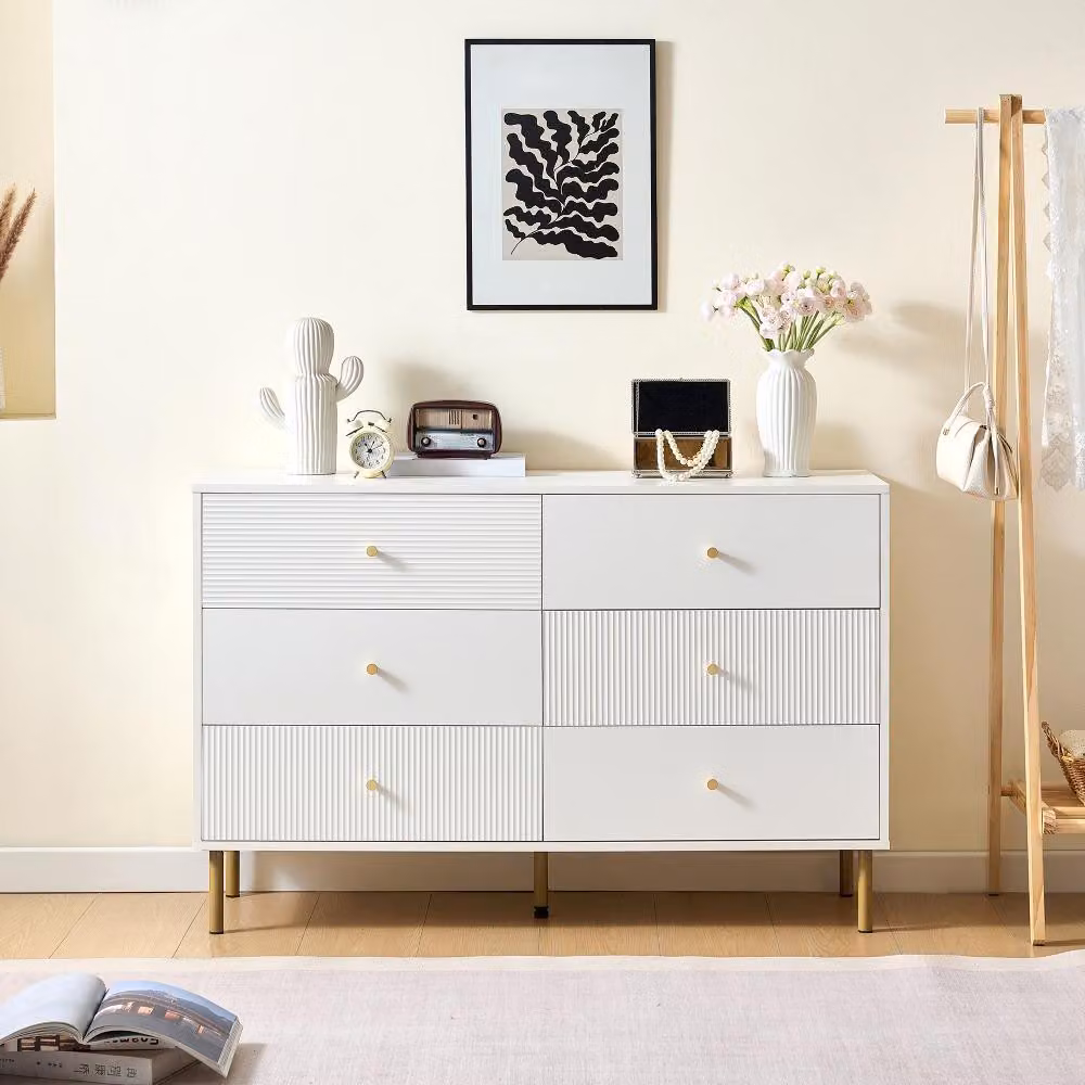 AIORBER Cassettiera moderna a 6 cassetti in MDF con maniglie in lega di zinco e gambe in acciaio - Cassettiera bianca per camera da letto, soggiorno e corridoio