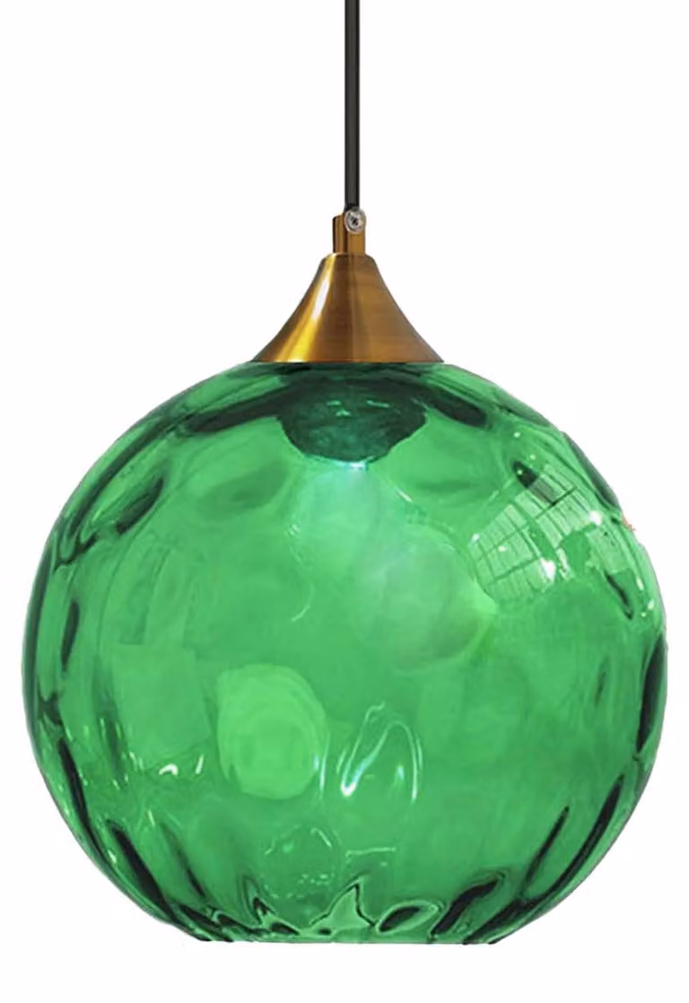 Lampada a sospensione, sfera in vetro di 200 mm, verde scuro, supporto in bronzo