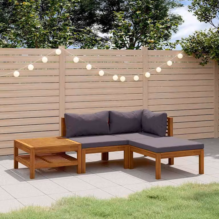 Set da giardino vidaXL in legno di acacia con cuscini grigi e tavolino, composizione a L da 4 pezzi per esterno