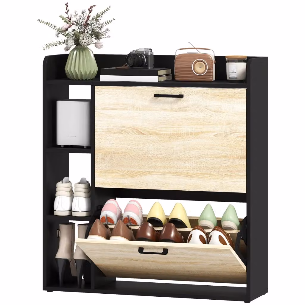 Scarpiera XYLO con 2 cassetti e scomparti basculanti effetto legno naturale, L: 83 cm, P: 24 cm, H: 90.5 cm – 2