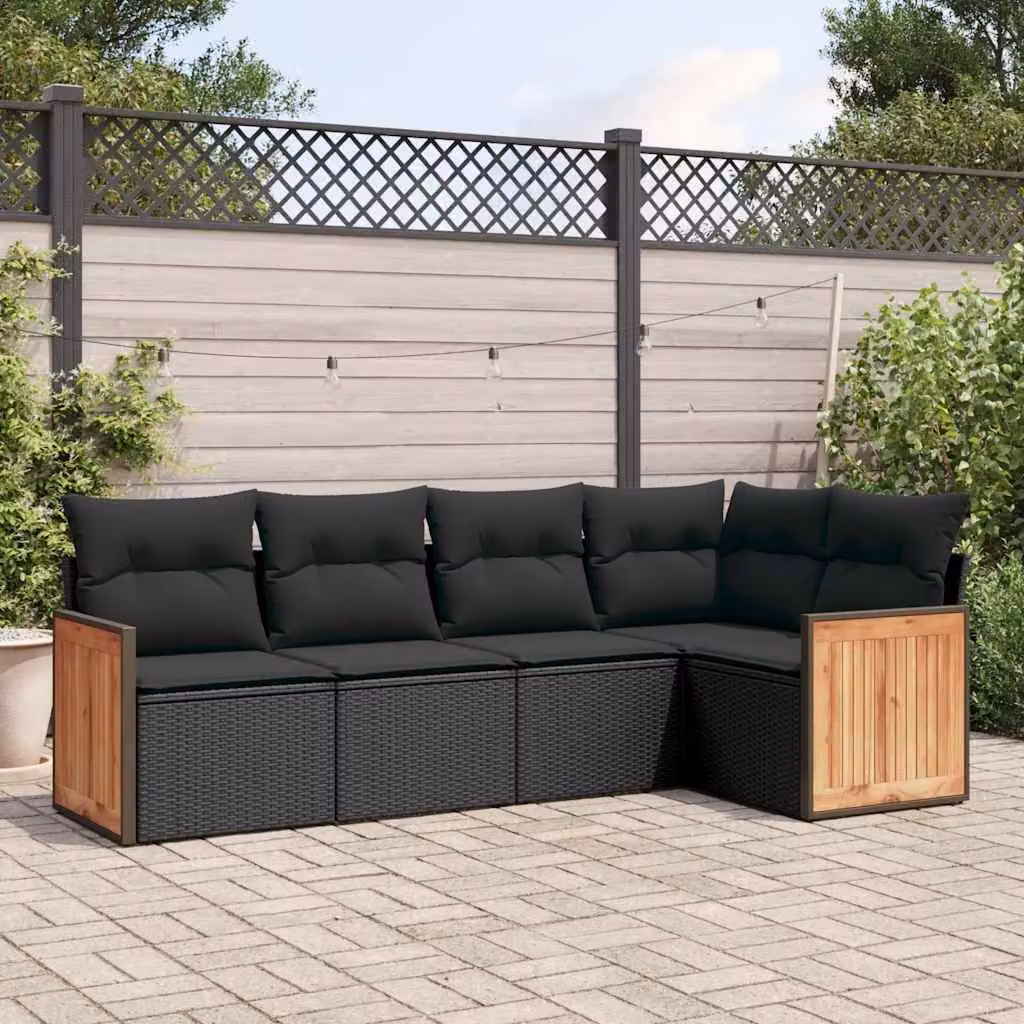 vidaXL Set Divani da Giardino a L 5 pz in Polyrattan Nero con Cuscini Imbottiti e Rivestimenti Rimovibili – 1
