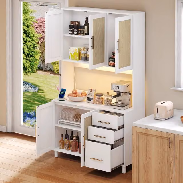 Credenza Zephmum per cucina e soggiorno in stile mid-century con illuminazione LED, App, USB e cassetti dorati, L: 183 cm