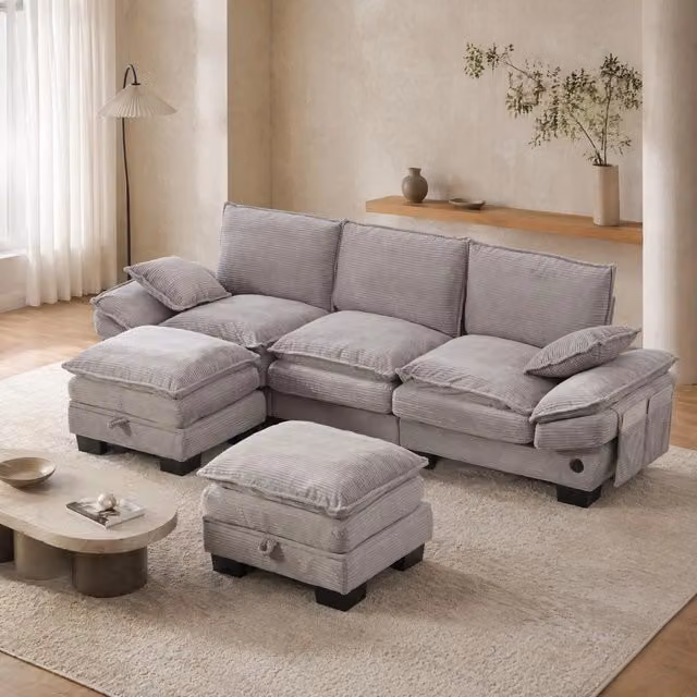 Divano modulare 3 posti con 2 pouf; USB-C; tasche laterali; corduroy grigio chiaro