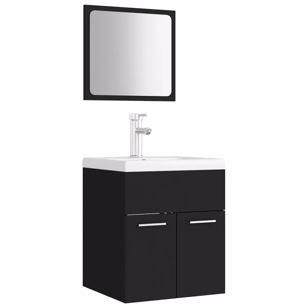 Set Mobili da Bagno Moderno vidaXL con Mobile Lavabo e Armadietto Specchio Nero Opaco in MDF e Legno – 2