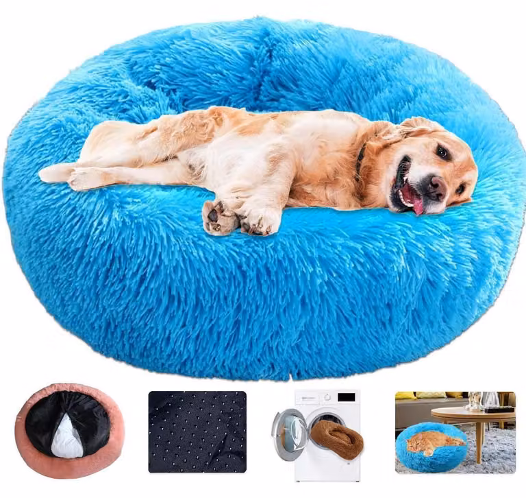 Cuccia per cani, forma a ciambella, morbida, in peluche, lavabile, blu, taglia 4XL, 110 cm