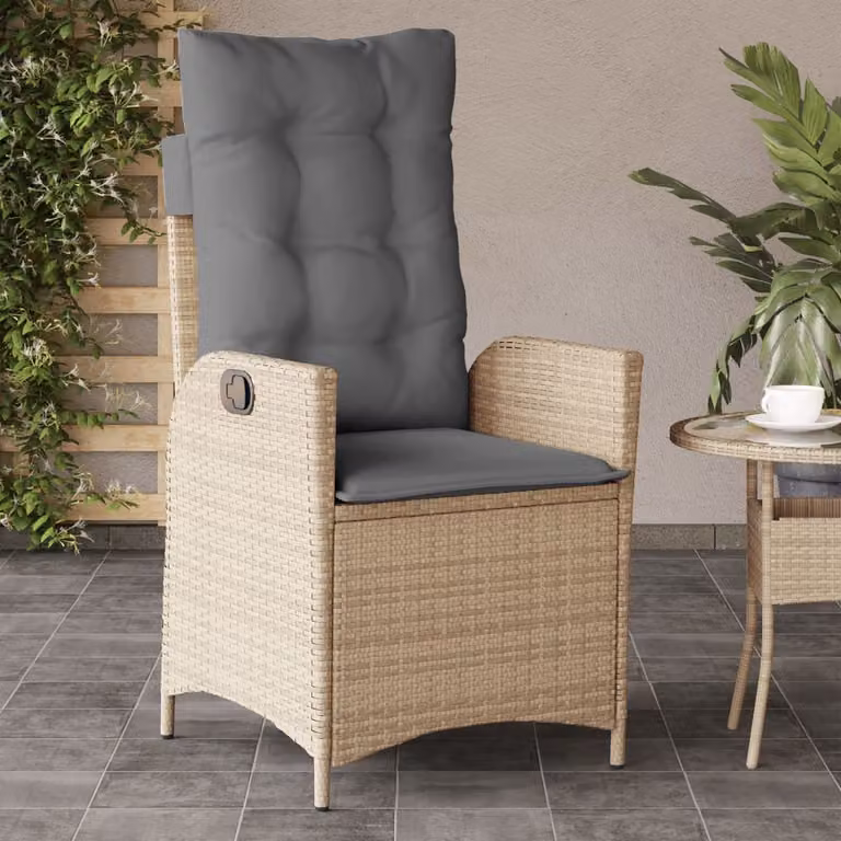 Sedia reclinabile da giardino vidaXL con cuscini in polyrattan e braccioli, beige e grigio