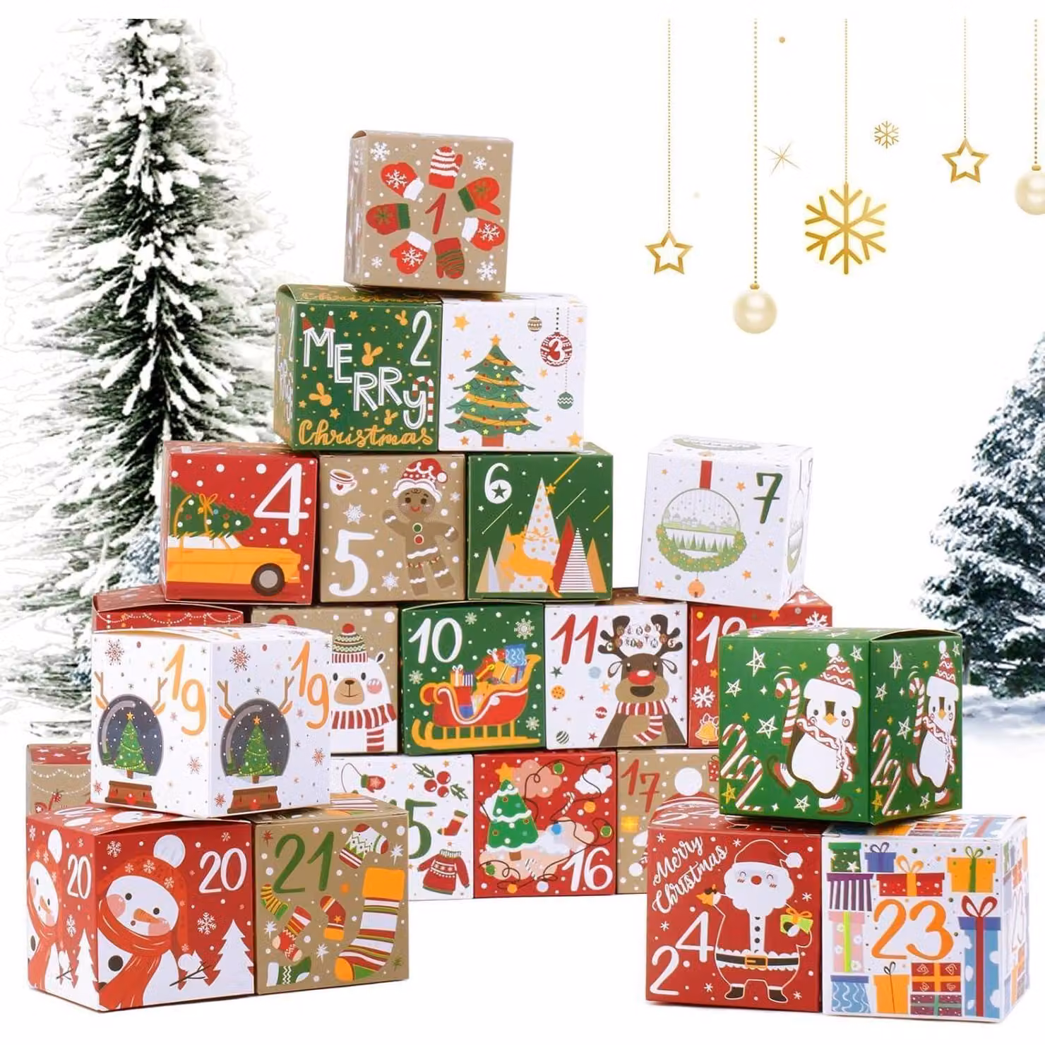 Calendario dell'Avvento con 24 elementi, dimensioni 7x7x7 cm, confezionato in una scatola di carta, ideale per attività creative, disponibile in vari colori